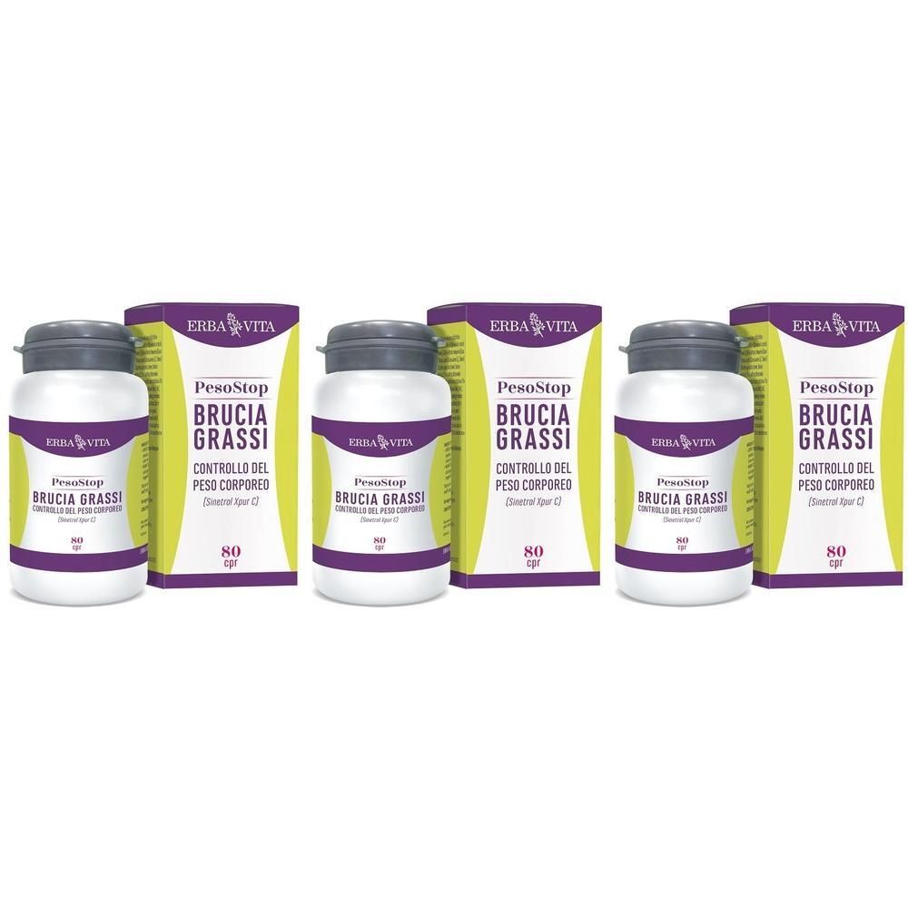 Tre confezioni di compresse Erba Vita PesoStop Brucia Grassi. Contenitori bianchi con etichette viola e scatole gialle.