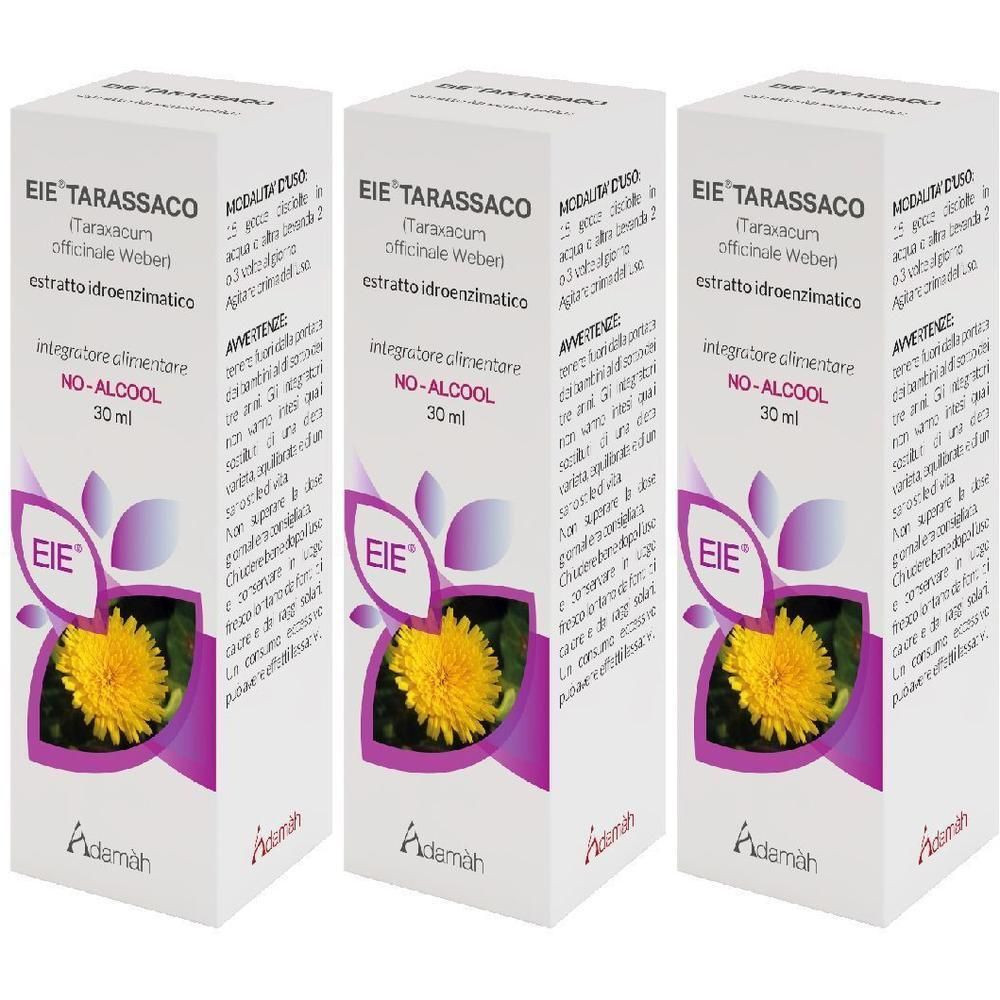 Tre confezioni di EIE Tarassaco Gocce, analcolico, 30 ml, con immagine di tarassaco.