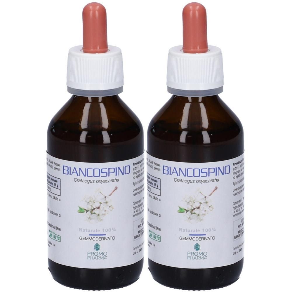 Due flaconi di Biancospino Gemmoderivato con tappo contagocce. Flaconi in vetro ambrato con etichette raffiguranti fiori bianchi.