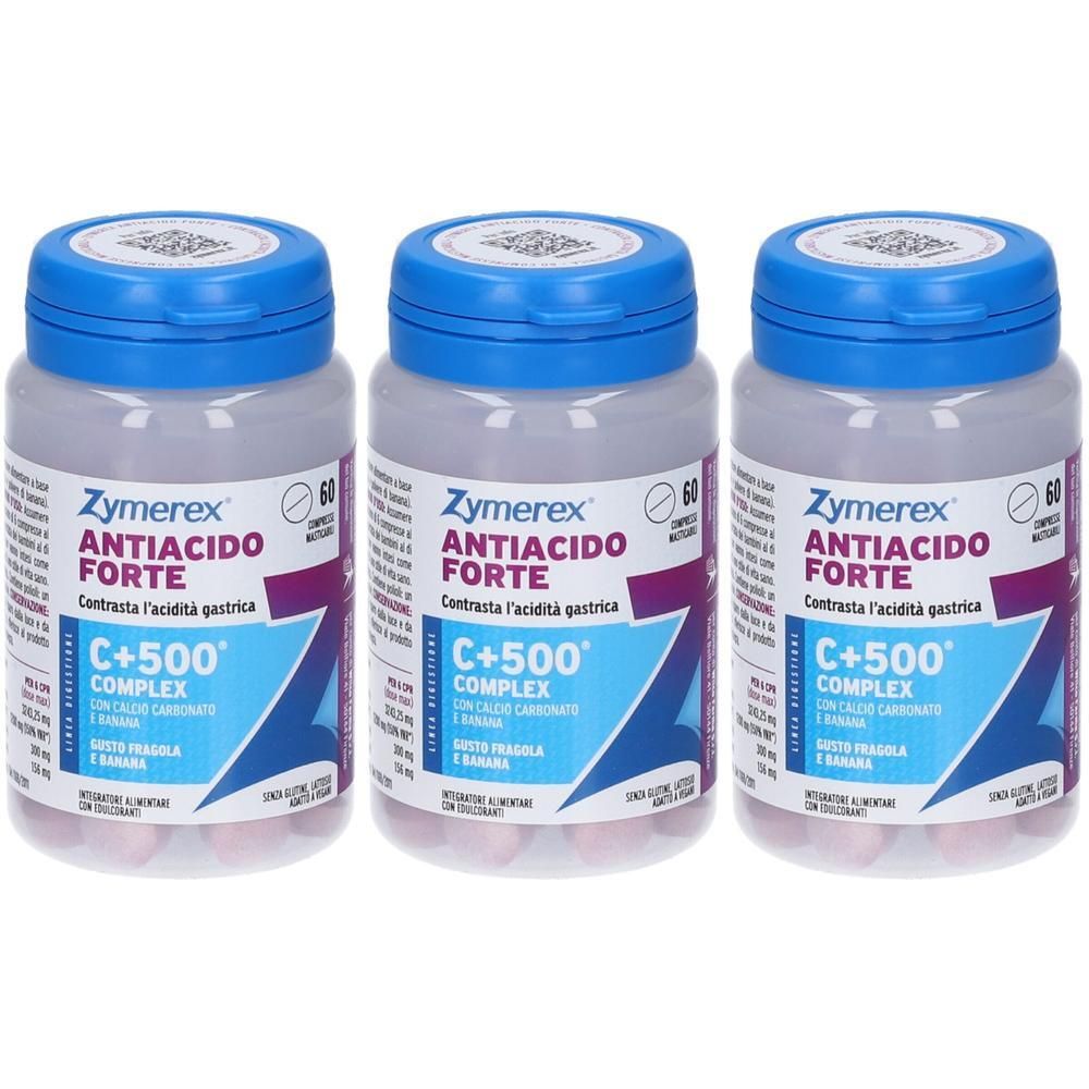 Tre flaconi di Zymerex Anticido Forte C+500 Complex con tappi blu ed etichette bianche.