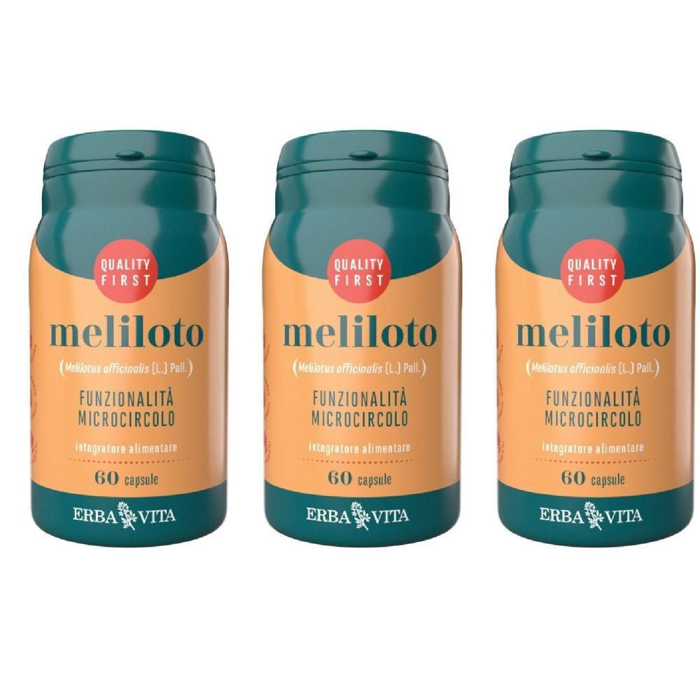 Tre flaconi di capsule Meliloto con etichette che riportano "Quality First" e "Funzionalità Microcircolo".
