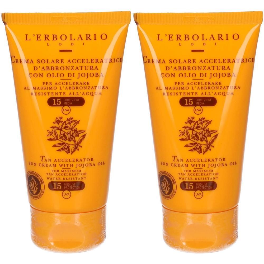 Due tubi di crema solare L'Erbolario Acceleratrice d'Abbronzatura SPF 15 con olio di jojoba.