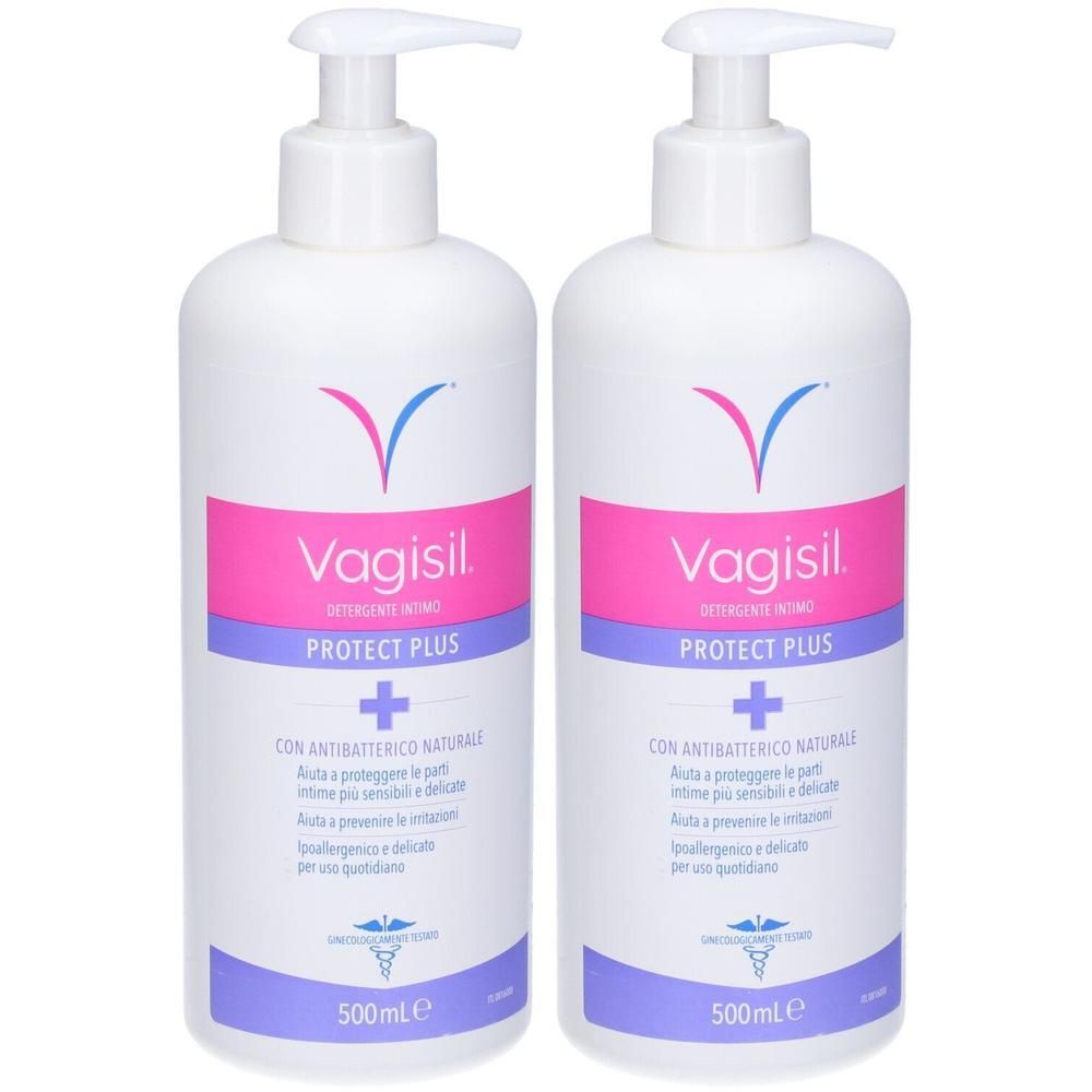 Due flaconi con pompa bianchi VAGISIL PROTECT PLUS, 500ml ciascuno.
