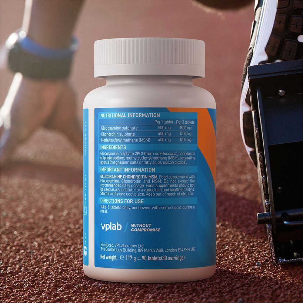 Retro di un flacone VPLAB Glucosamina & Condroitina & MSM con informazioni nutrizionali e ingredienti.