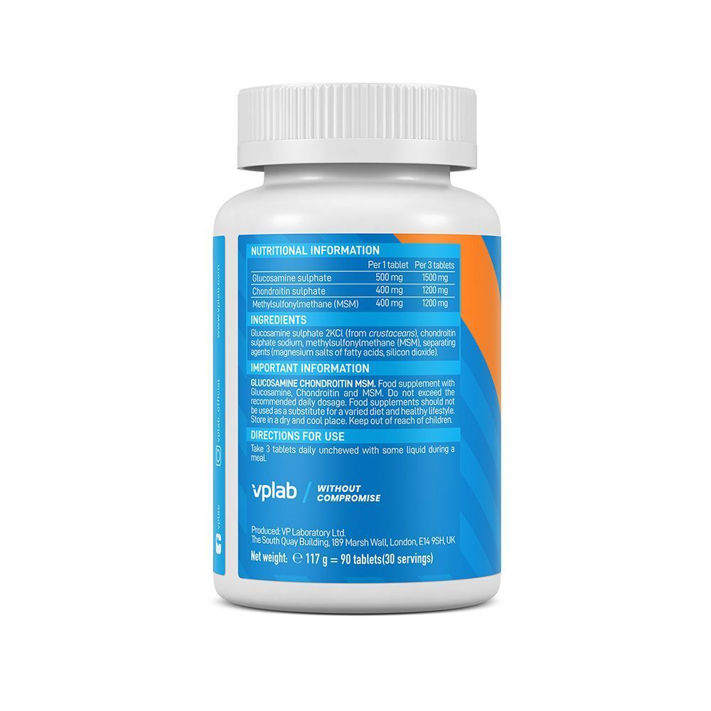 Retro di un flacone VPLAB Glucosamina & Condroitina & MSM con informazioni nutrizionali.