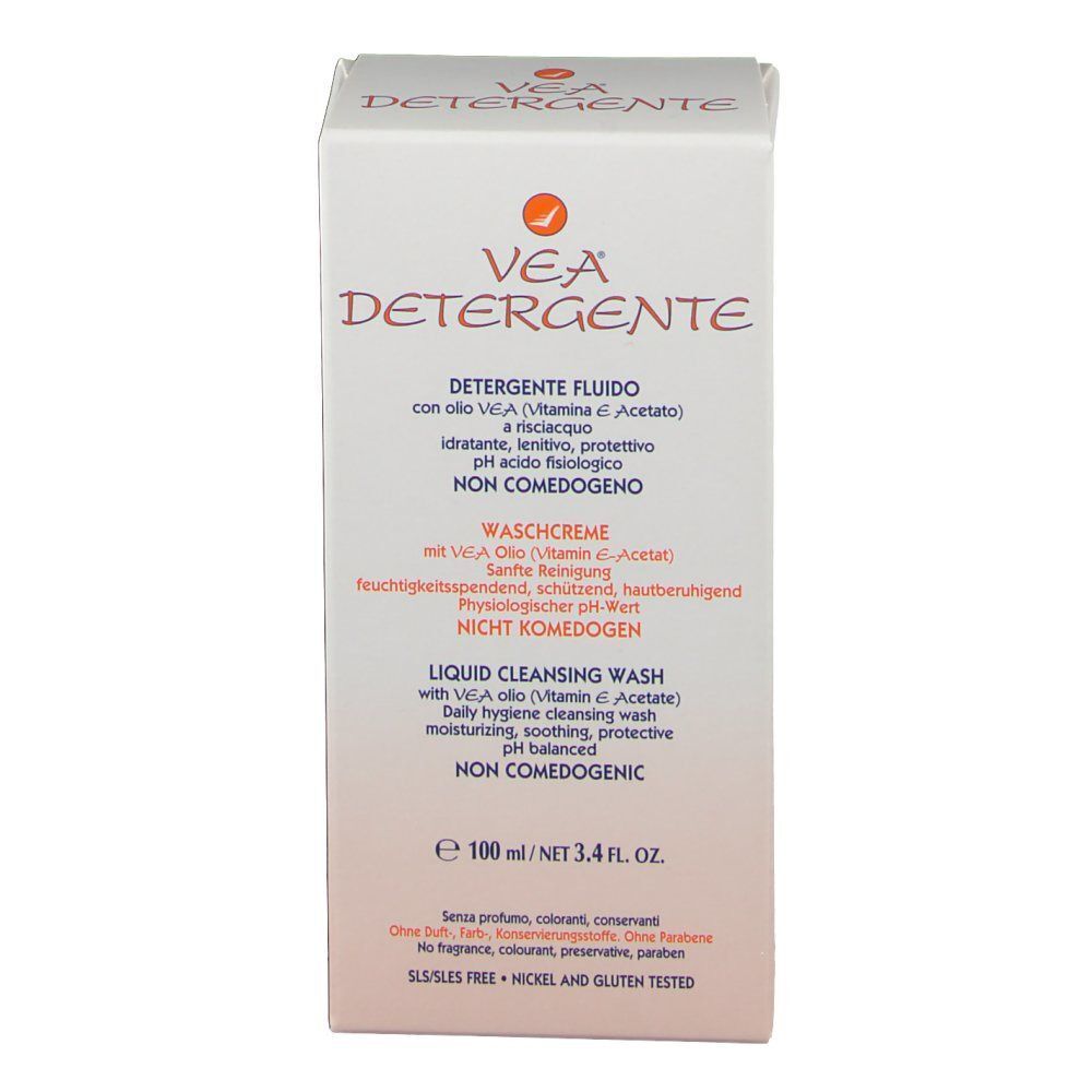Scatola di VEA Detergente Fluido, fronte con informazioni sul prodotto e indicazione 100 ml.