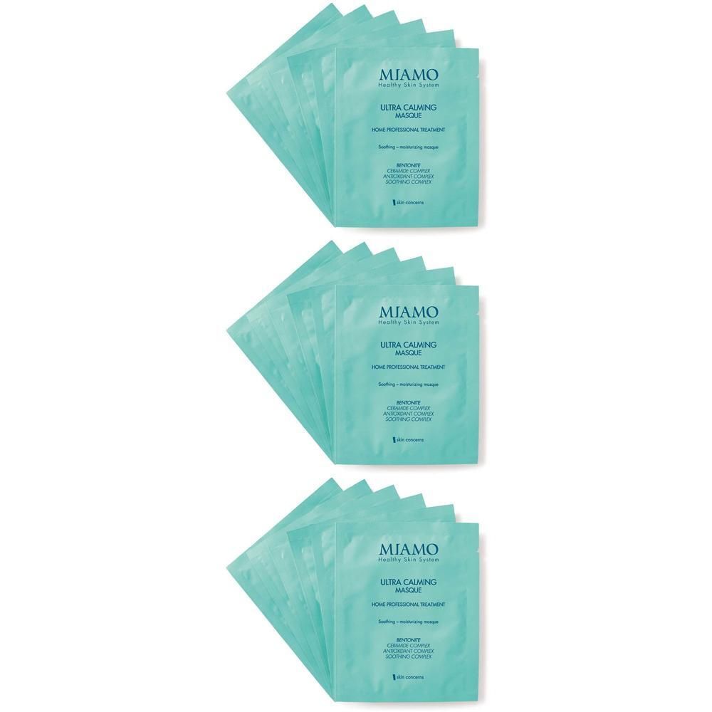 Tre confezioni di Miamo Ultra Calming Masque, confezionate singolarmente in bustine turchesi.