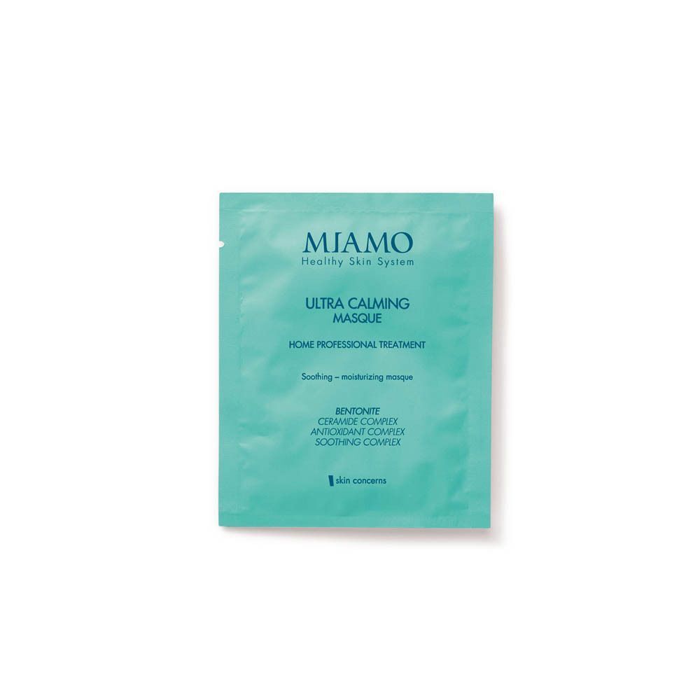 Singola confezione di Miamo Ultra Calming Masque in bustina turchese con informazioni sul prodotto.
