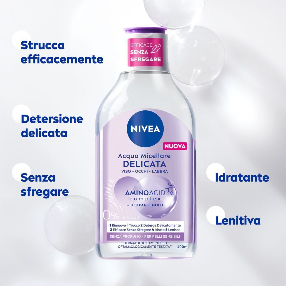 Nivea Micellair 5in1 Acqua Micellare Delicata 400 ml, Detergente viso e occhi struccante lenitivo