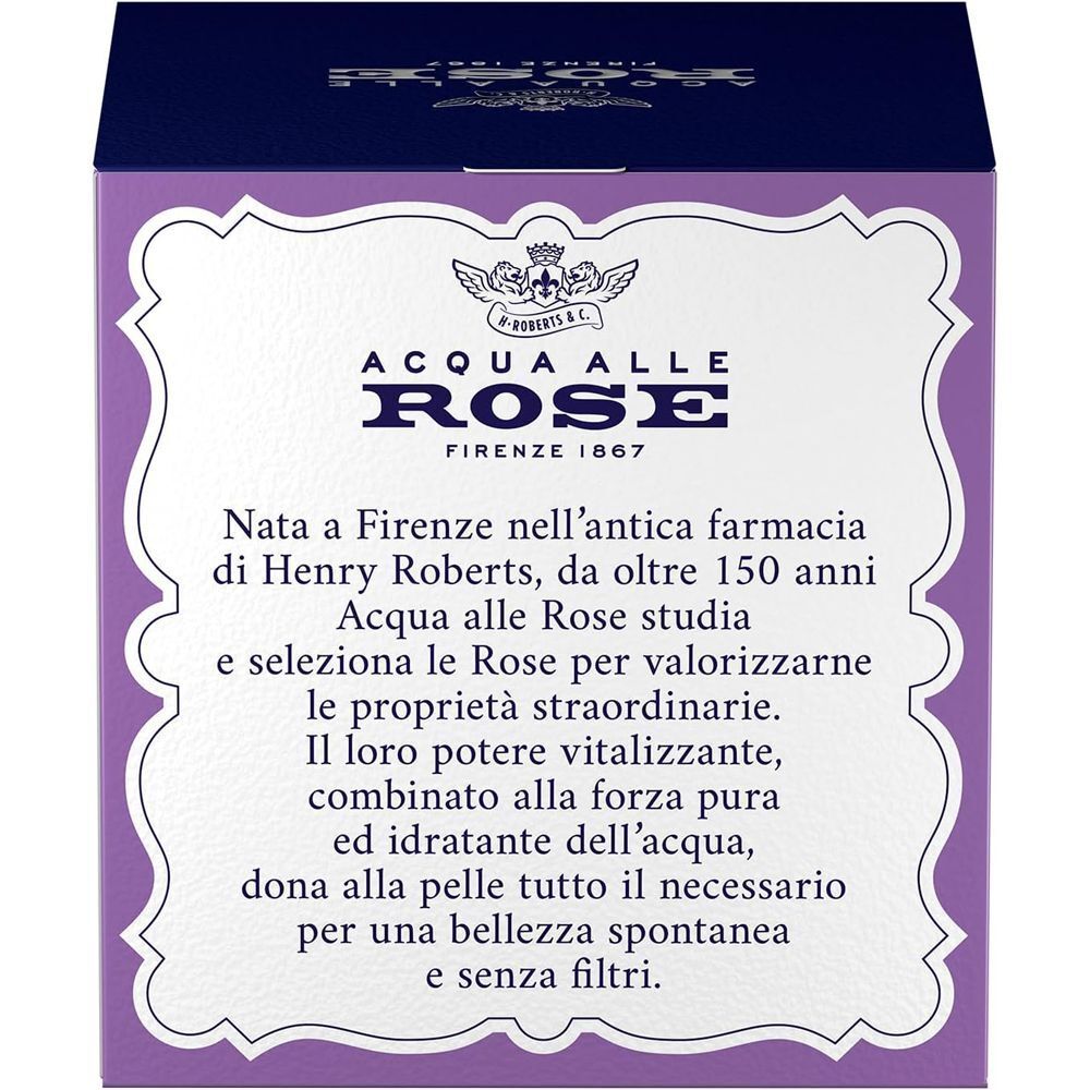 Retro di una confezione di crema viso Acqua alle Rose con informazioni sulla marca e l'origine.