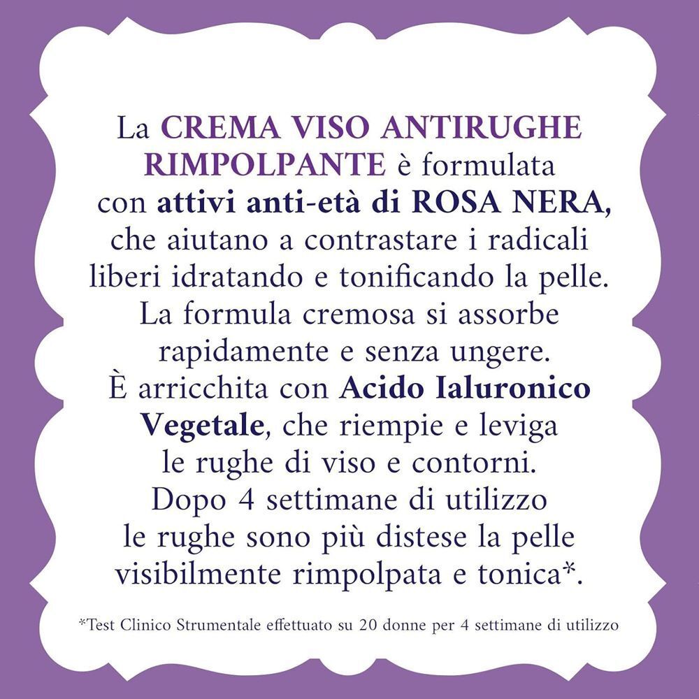 Testo su una confezione di crema viso Acqua alle Rose che descrive la formula con estratti di rosa nera.