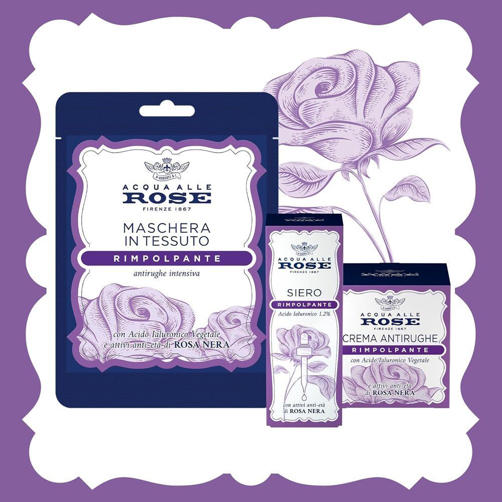 Maschera viso, siero e crema viso Acqua alle Rose in confezioni e bustina.