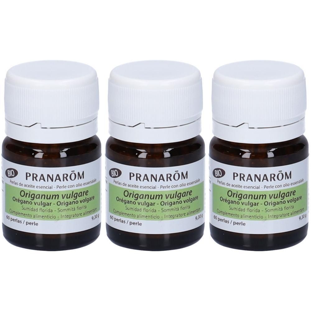 Tre flaconi di perle di olio di origano Pranarôm, tappo bianco, sigillo Bio.