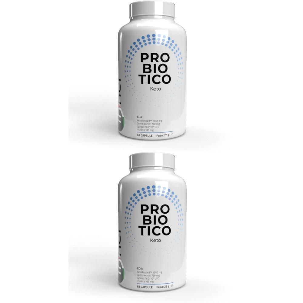 Due flaconi bianchi con scritta Probiotico Keto e punti blu.