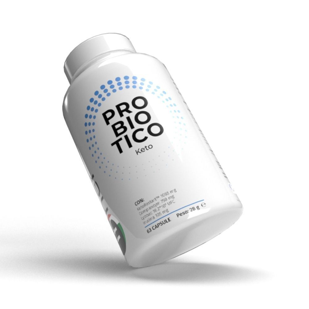 Flacone bianco inclinato con scritta Probiotico Keto e punti blu.