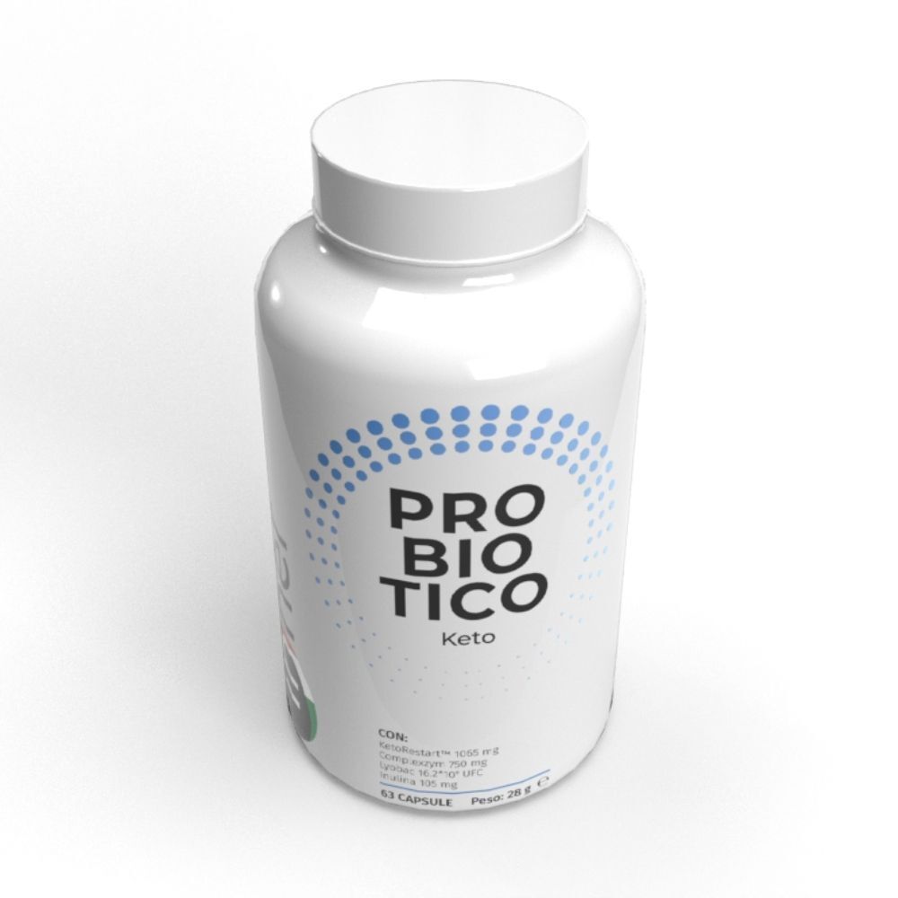 Flacone bianco con etichetta 'PROBIOTICO Keto' e punti blu.