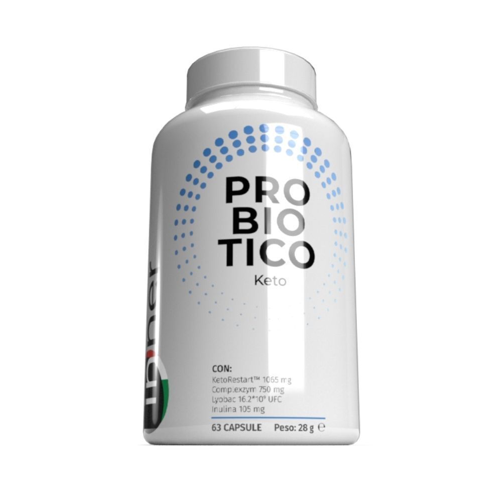 Flacone bianco con etichetta 'PROBIOTICO Keto', punti blu e informazioni sul contenuto.