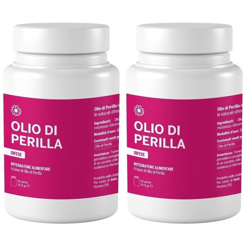 Due contenitori bianchi di capsule di olio di perilla. Etichette con informazioni sul prodotto e ingredienti.