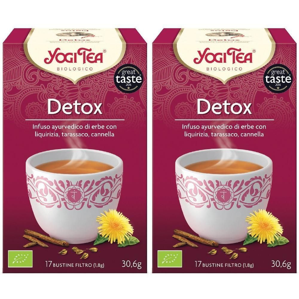 Due confezioni di Yogi Tea Detox Bio, ciascuna con 17 bustine. Una tazza di tè fumante, bastoncini di cannella e un dente di leone.