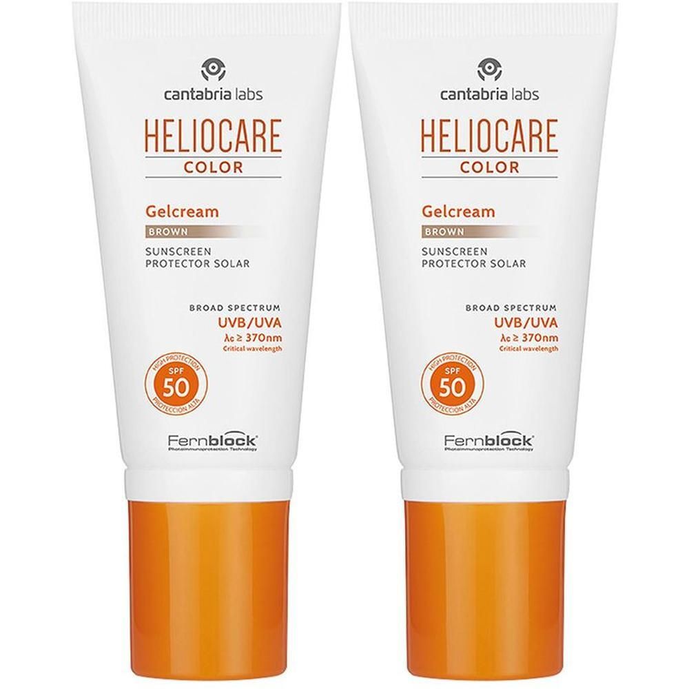 Due tubetti di Heliocare Color Gelcream Brown SPF 50. Protezione solare ad ampio spettro.