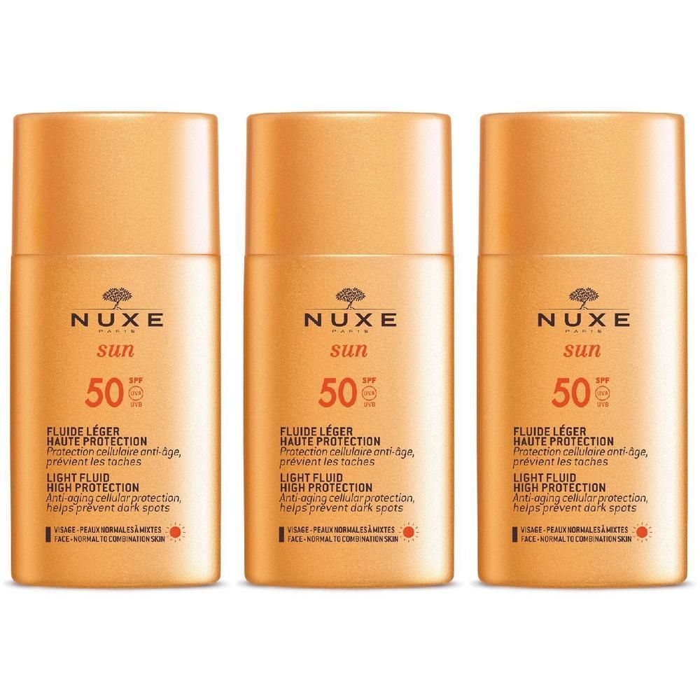Tre flaconi di fluido leggero alta protezione solare Nuxe Sun SPF 50.