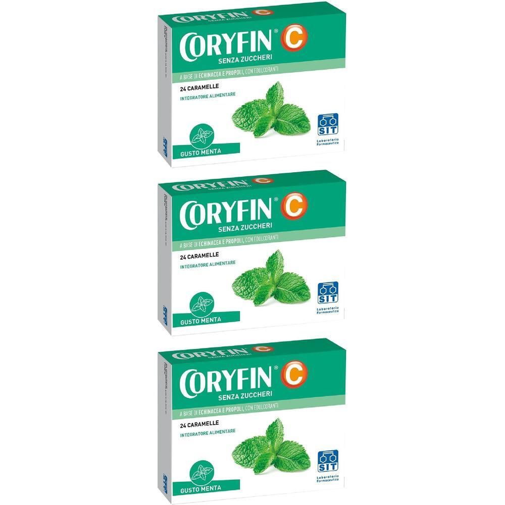 Tre confezioni di caramelle Coryfin C gusto menta, senza zuccheri.