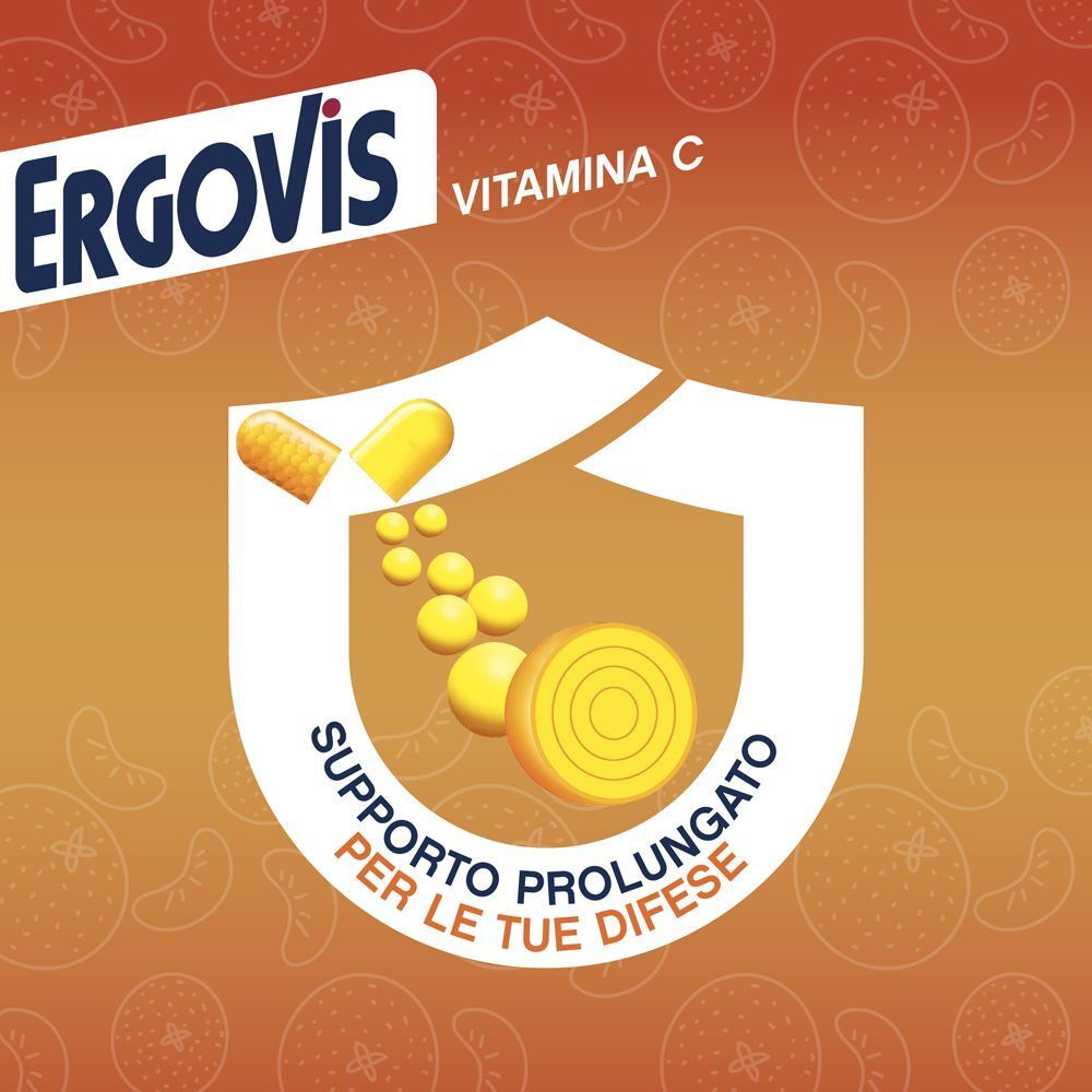 ERGOVIS Vitamina C: simbolo scudo con capsula e perle di Vitamina C per supporto difese prolungato.