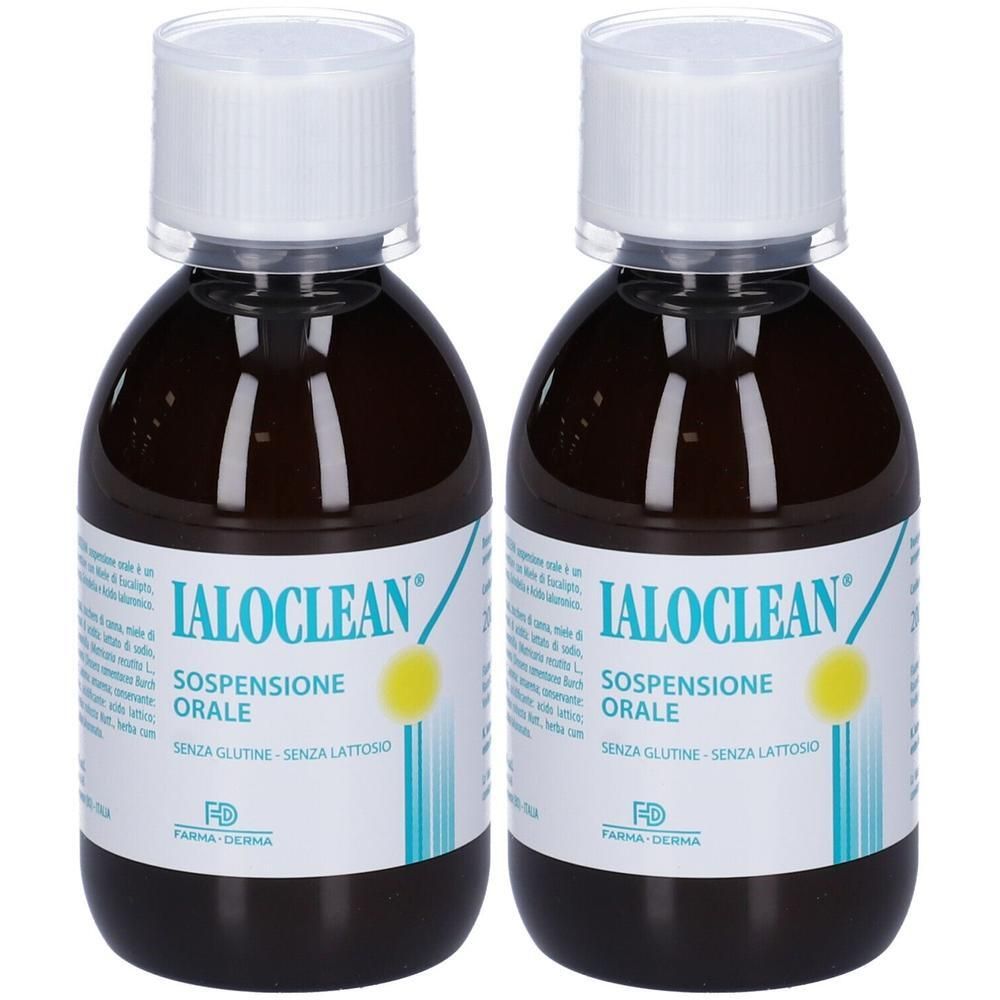 Due flaconi di Ialoclean Sospensione Orale di Farma-Derma. Liquido marrone scuro in flaconi di vetro marrone con tappi bianchi.