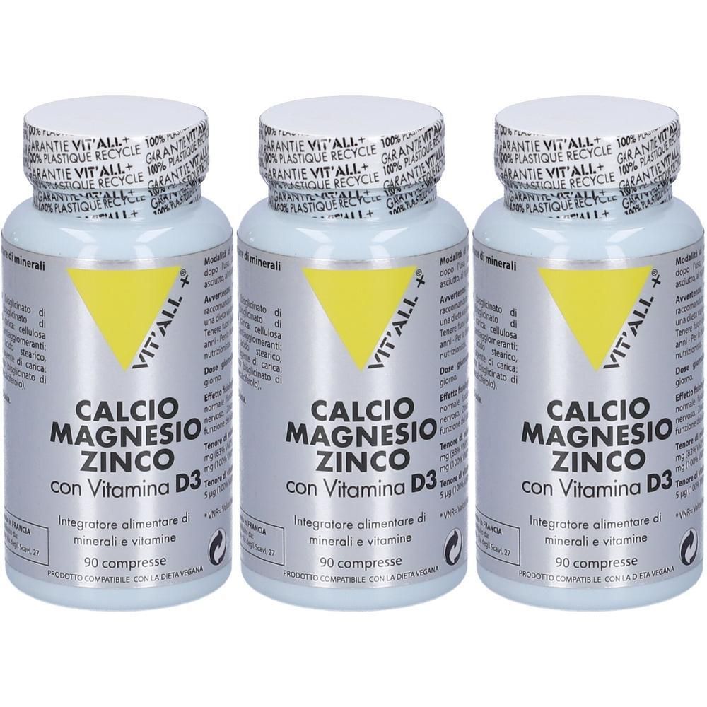 Tre flaconi di Vital Plus Calcio Magnesio Zinco con Vitamina D3, 90 compresse per flacone.