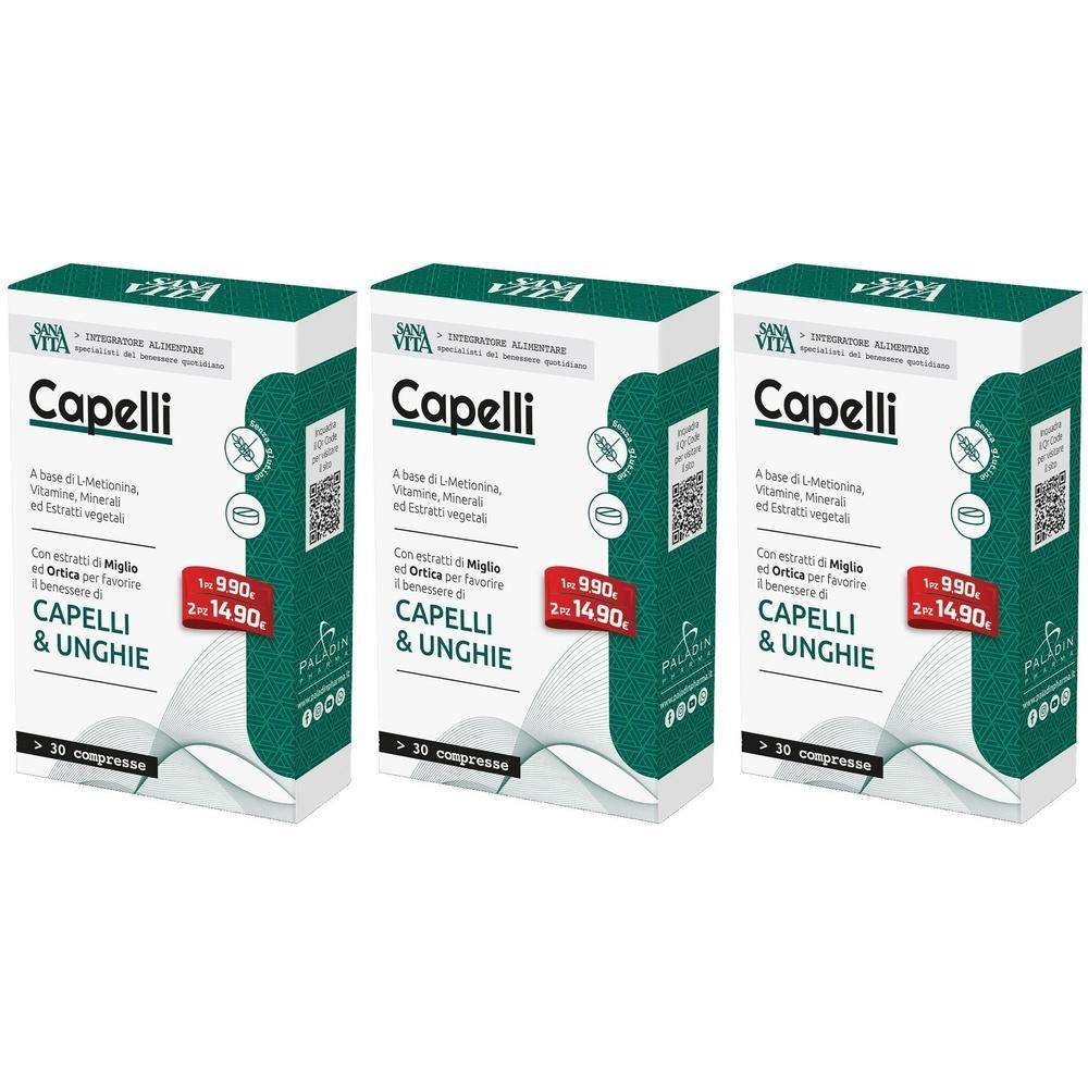 Tre confezioni di integratore alimentare SANAVITA Capelli per capelli e unghie, ciascuna con oltre 30 compresse.