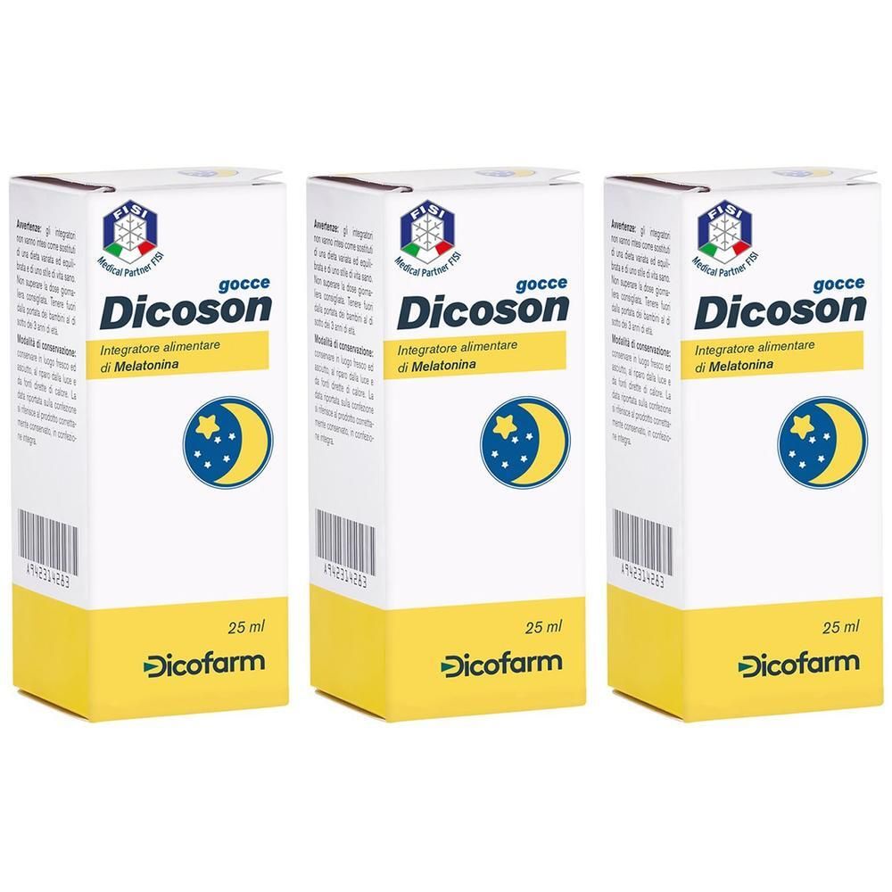 Tre scatole di Dicofarm Dicoson Gocce, 25 ml. Confezione gialla e bianca con simbolo luna e stelle.