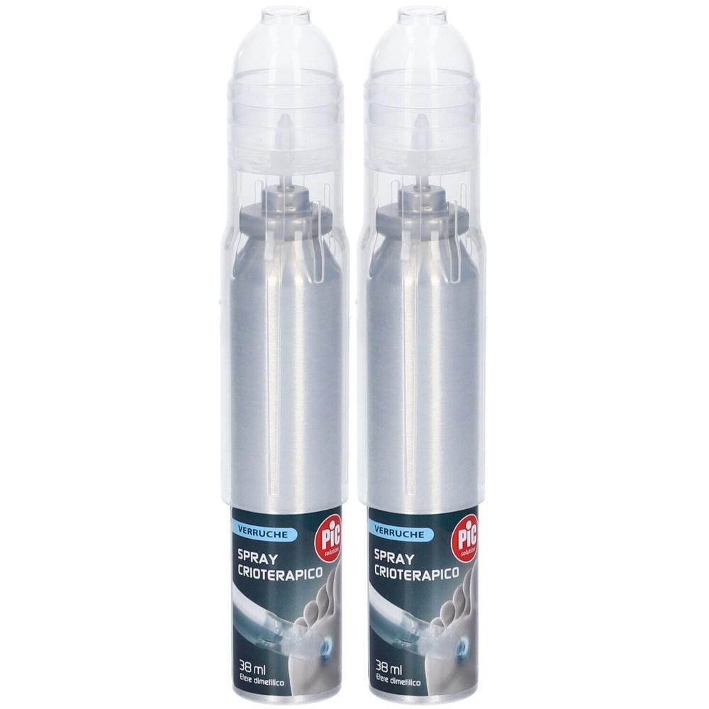 Due bombolette spray con tappi trasparenti. Bombolette argentate con etichette che indicano 'Spray Crioterapico' e '38 ml'.