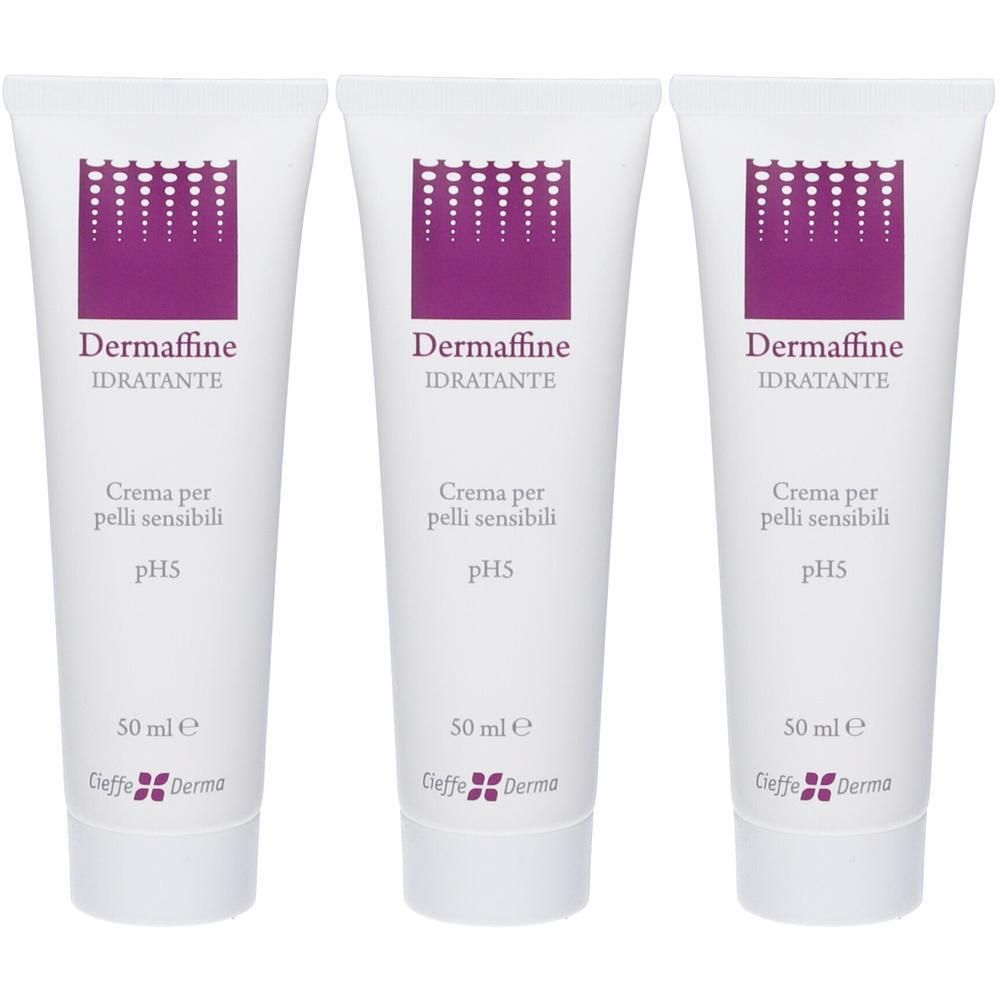 Tre tubi bianchi di Dermaffine Crema Idratante, ciascuno da 50 ml, formula pH5.