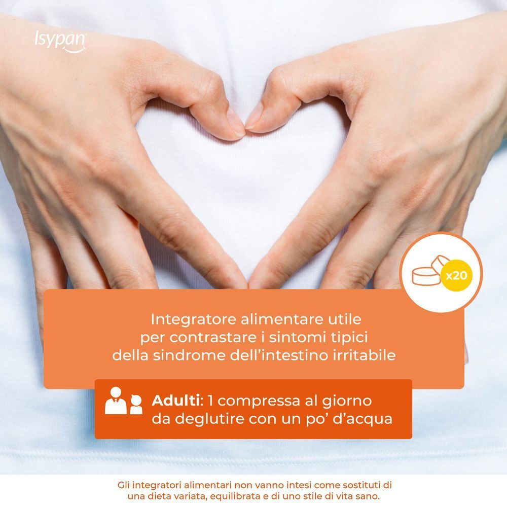 Mani formano un cuore sull'addome. Isypan IBS Complex: 1 compressa al giorno. 20 compresse.