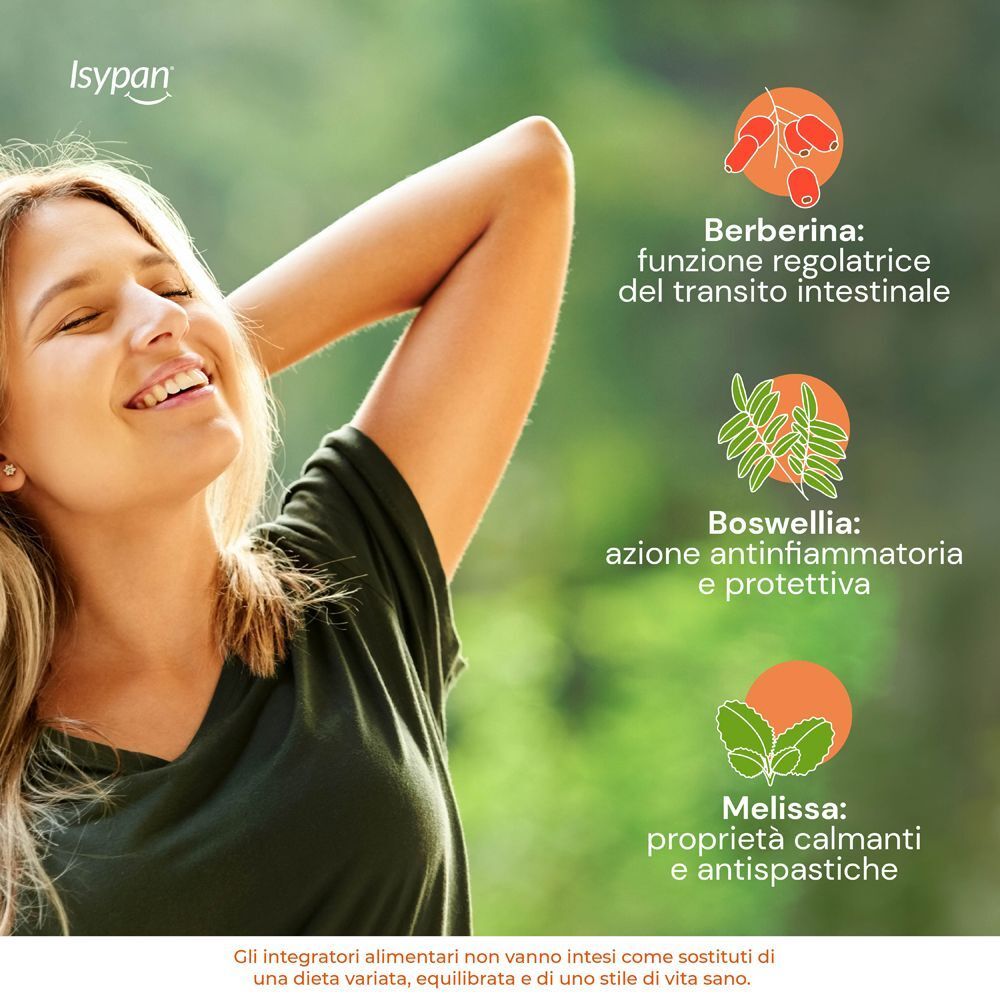Donna sorridente all'aperto. Isypan IBS Complex: Berberis, Boswellia, Melissa.