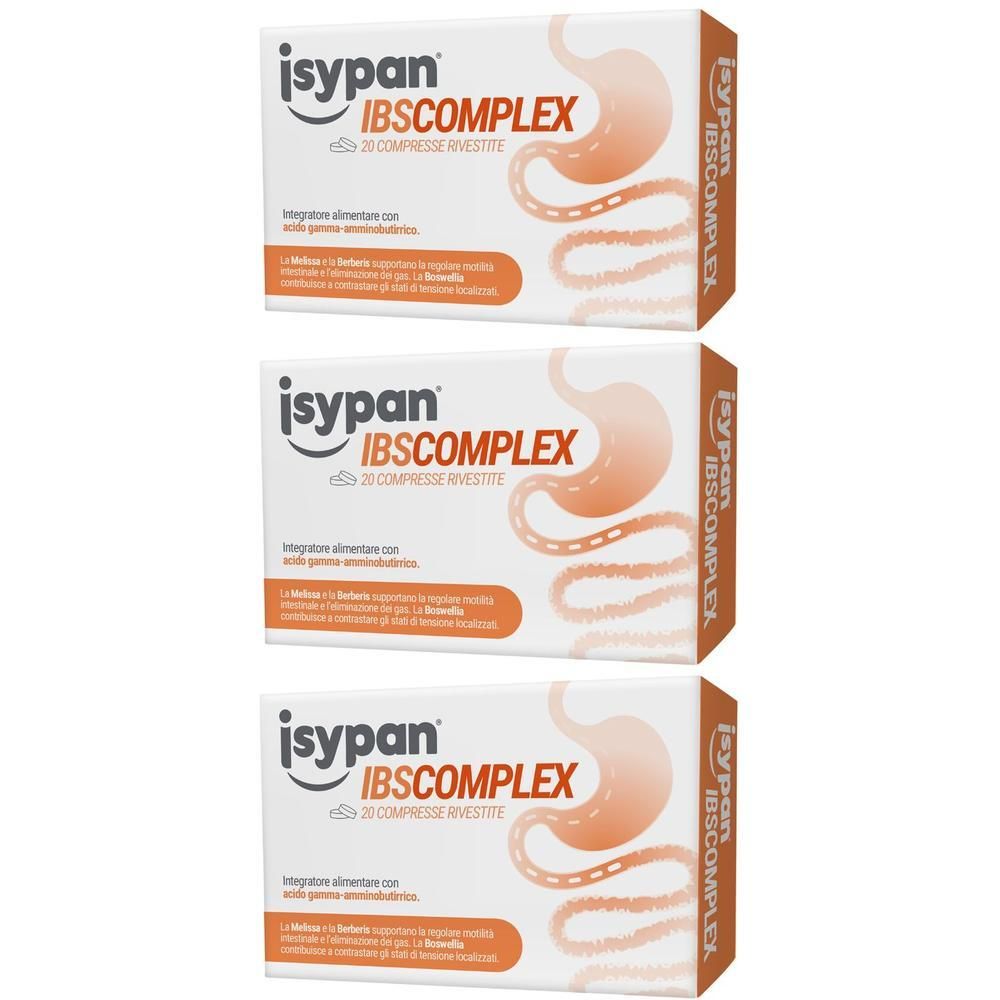 Tre confezioni di Isypan IBS Complex con rappresentazione di stomaco e intestino.