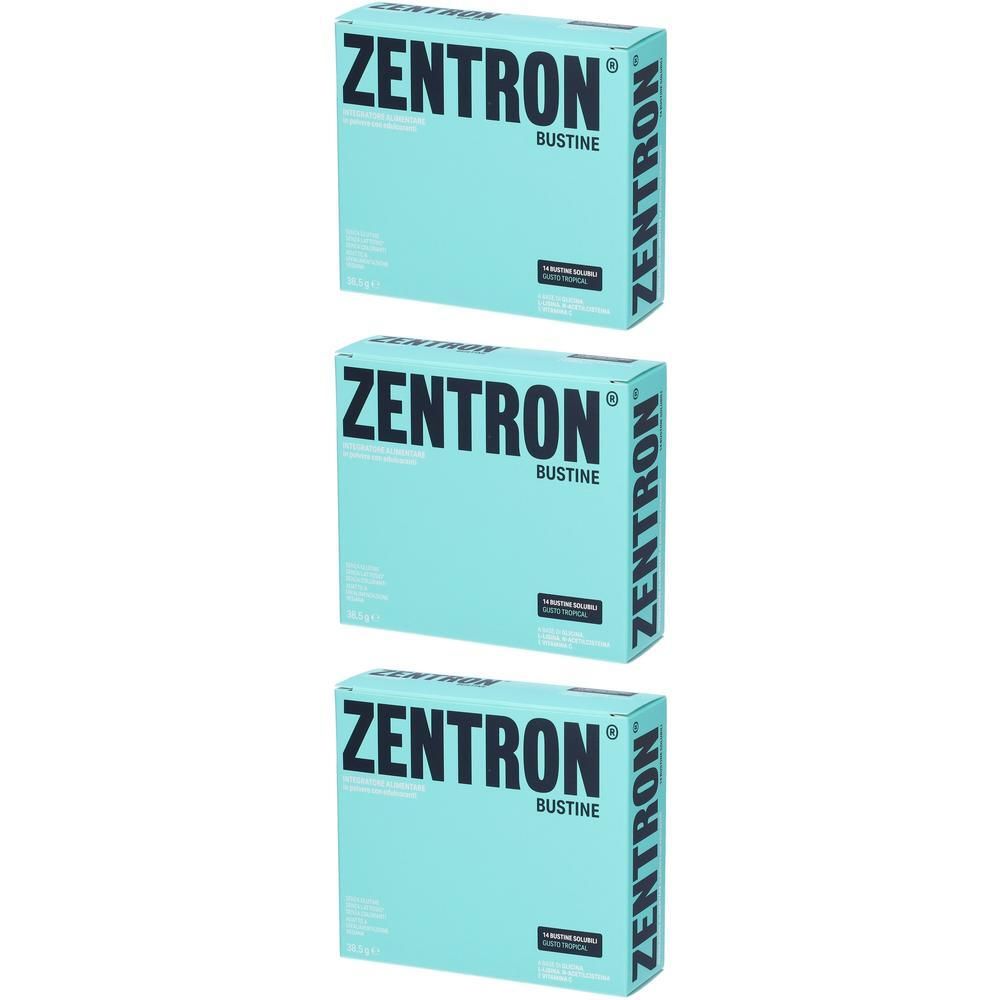 Tre scatole Zentron Bustine, azzurro con scritte nere.
