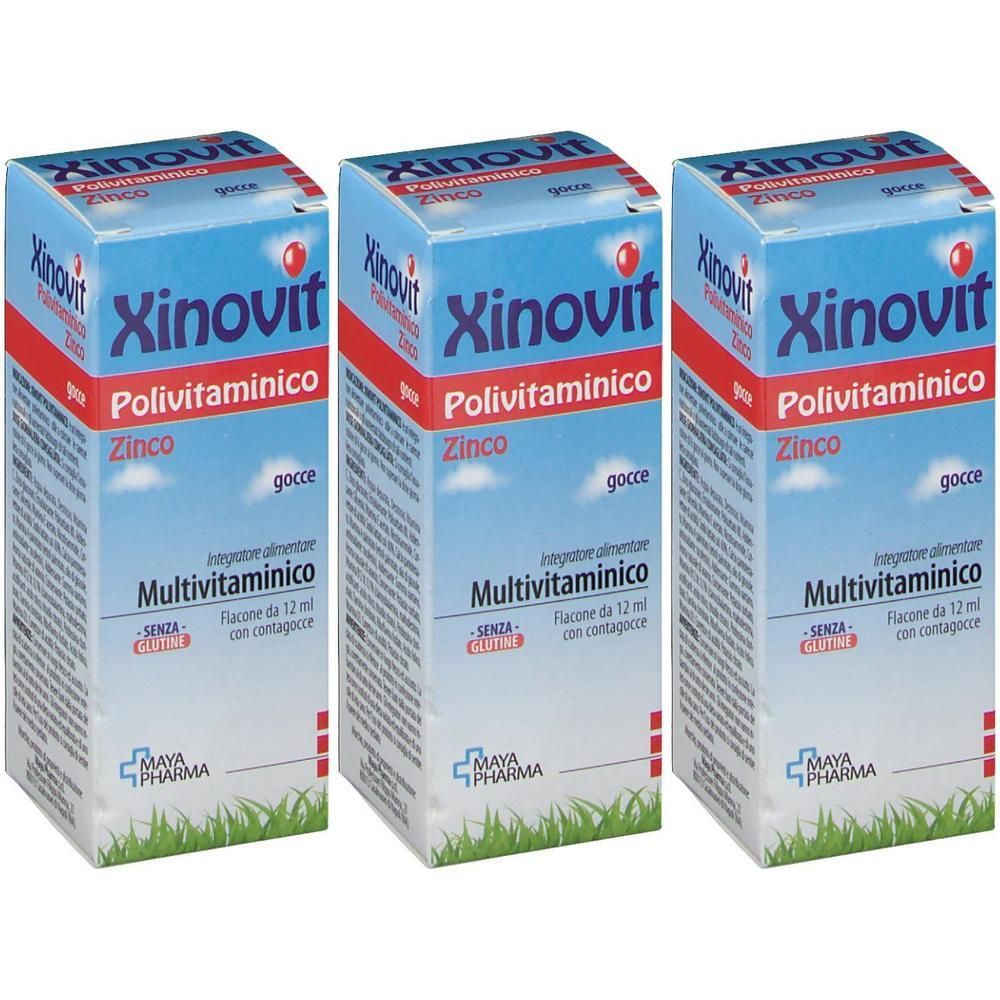 Tre scatole di Xinovit Polivitaminico Zinco gocce, un integratore multivitaminico liquido allo zinco.