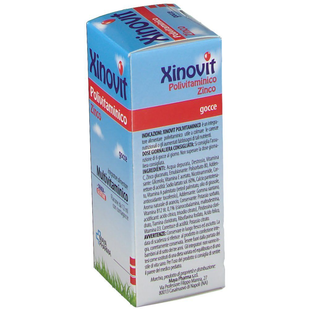 Scatola di Xinovit Polivitaminico Zinco gocce con elenco ingredienti e avvertenze.
