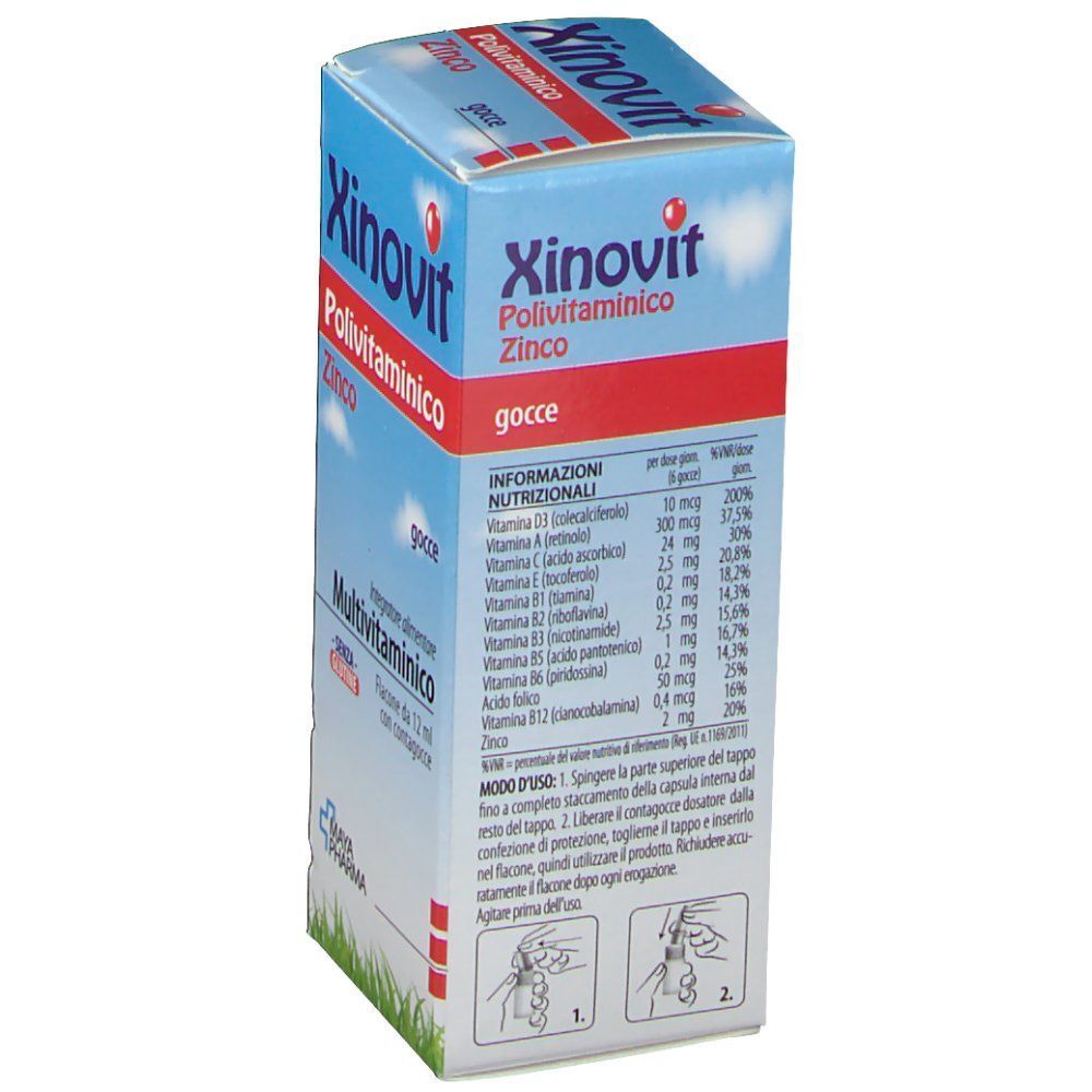 Retro della confezione Xinovit Polivitaminico Zinco gocce con informazioni nutrizionali e istruzioni.