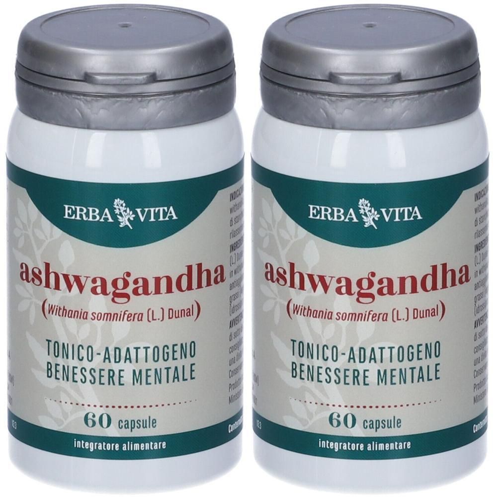 Due flaconi di capsule Erba Vita Ashwagandha, 60 capsule per flacone.