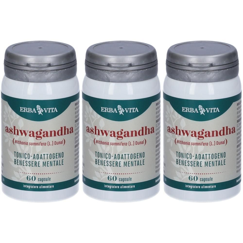 Tre flaconi di capsule Erba Vita Ashwagandha, 60 capsule per flacone.