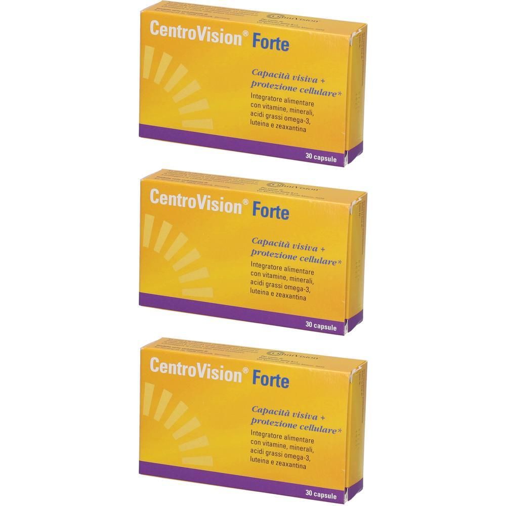 Tre confezioni di CentroVision Forte da 30 capsule. Scatola gialla con simbolo solare.