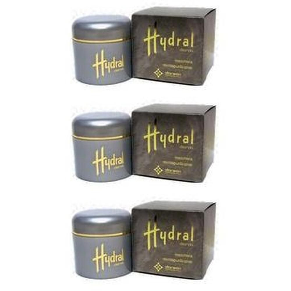 Tre vasetti grigi con scritta dorata "Hydral" e relative scatole.