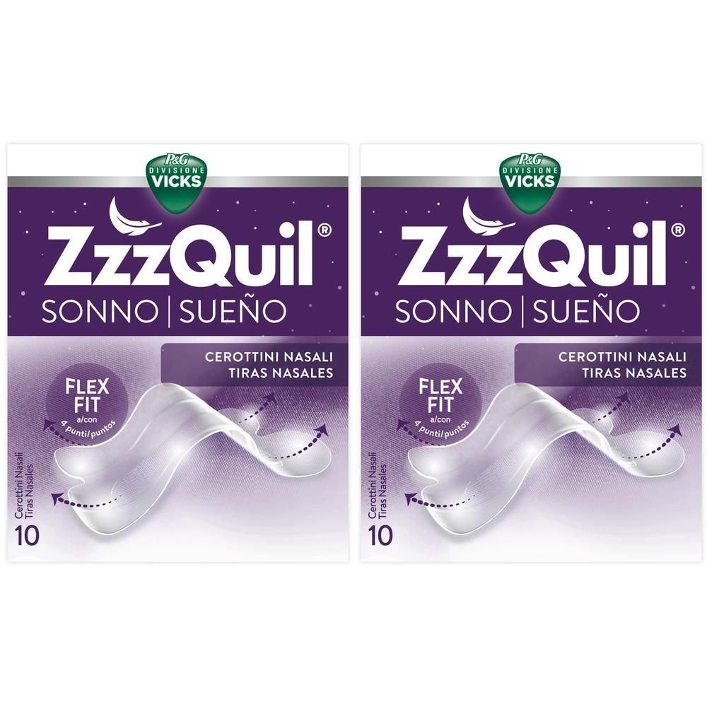 Due confezioni di cerottini nasali Vicks ZzzQuil per dormire meglio. Ogni confezione contiene 10 cerottini.