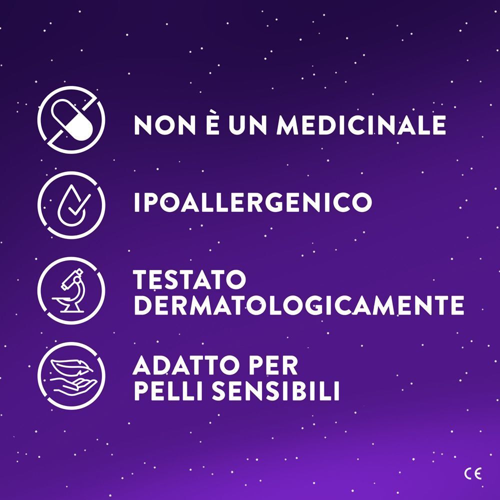 Icone per 'Non è un medicinale', 'Ipoallergenico', 'Testato dermatologicamente' e 'Adatto per pelli sensibili'.