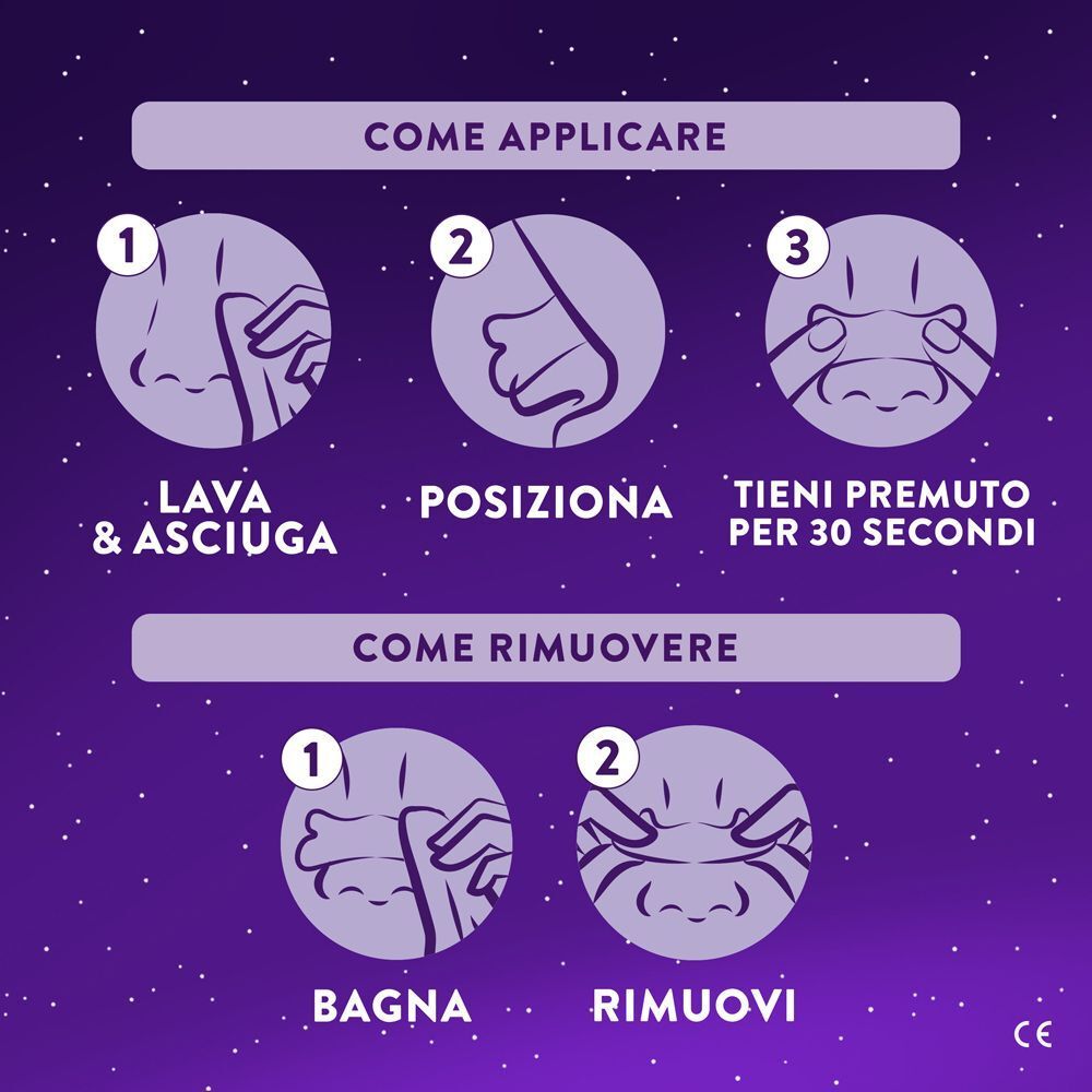 Istruzioni su come applicare e rimuovere i cerottini nasali Vicks ZzzQuil.