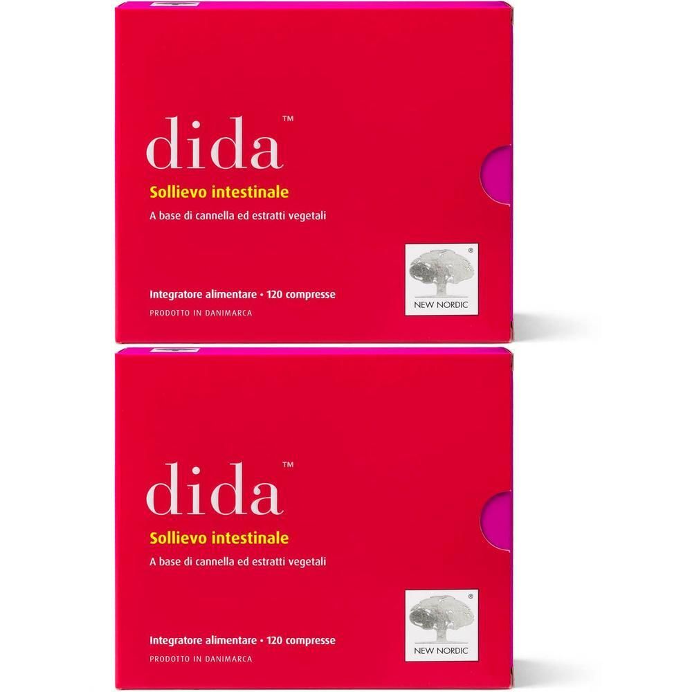 Due scatole rosse con scritta 'dida' e 'Sollievo Intestinale'. Contiene 120 compresse.