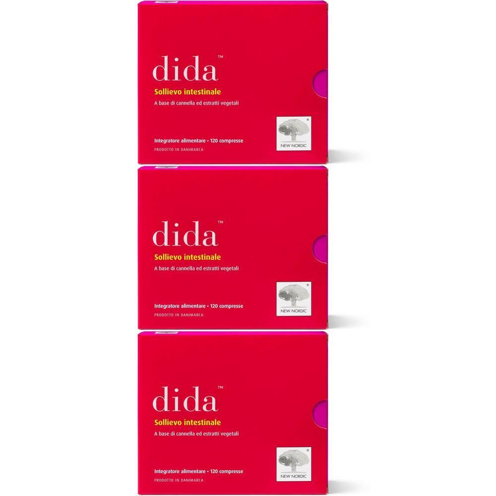 Tre scatole rosse 'dida Sollievo Intestinale'. Contiene 120 compresse.