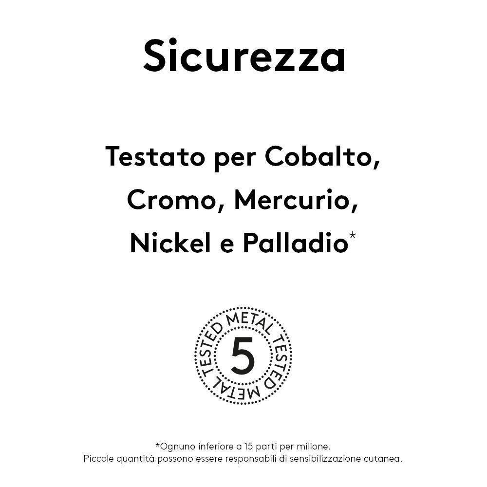 Testo: 'Sicurezza'. Testato per Cobalto, Cromo, Mercurio, Nichel e Palladio. Sigillo '5 Metal Tested'.
